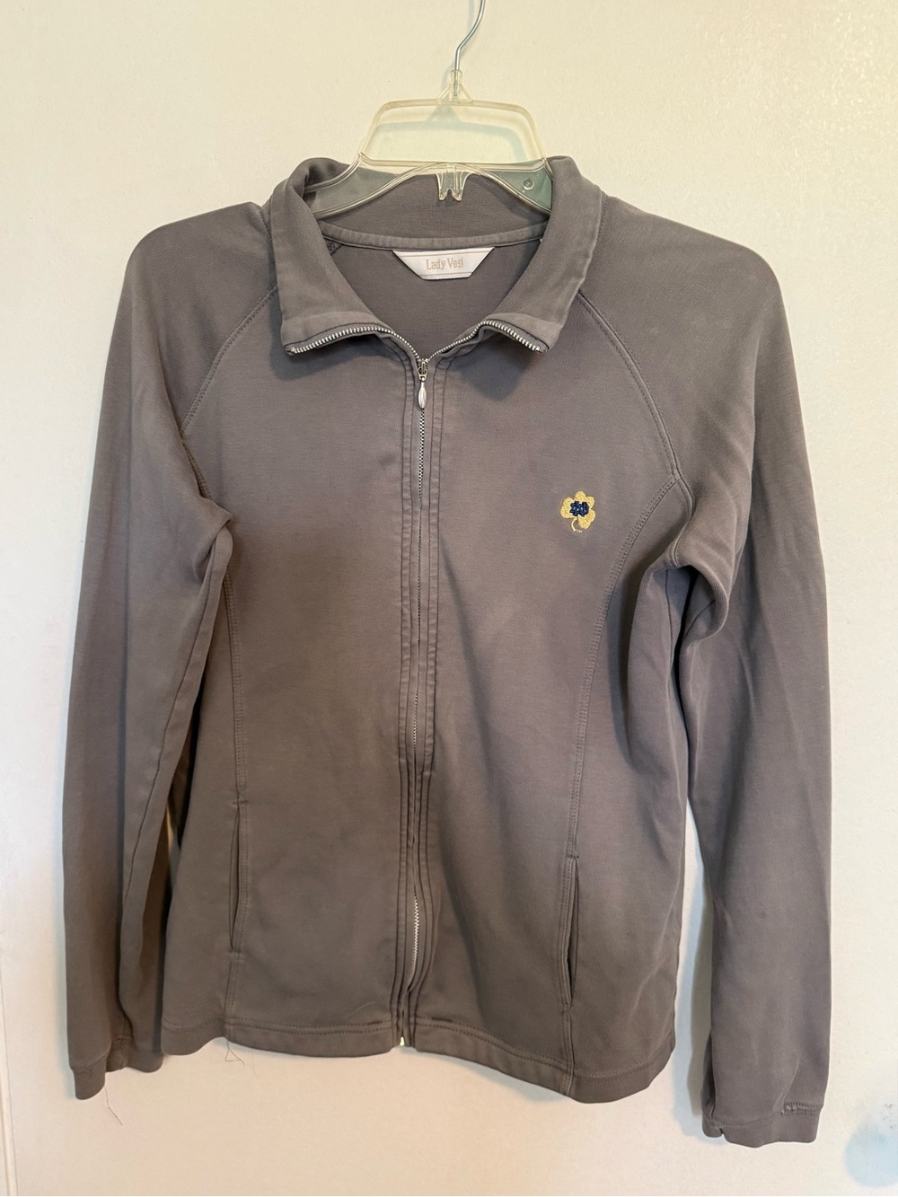 Gray Full-Zip Bomber Jacket with Floral Emblem